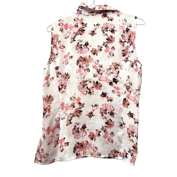 Tahari Floral Ruffle Button Front Sleeveless Chiffon Blouse Top Pink Small - Picture 2 of 3